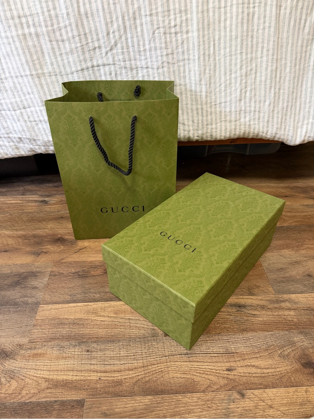 Gucci Olive Green Patterned Shoe Box and Gift Bag